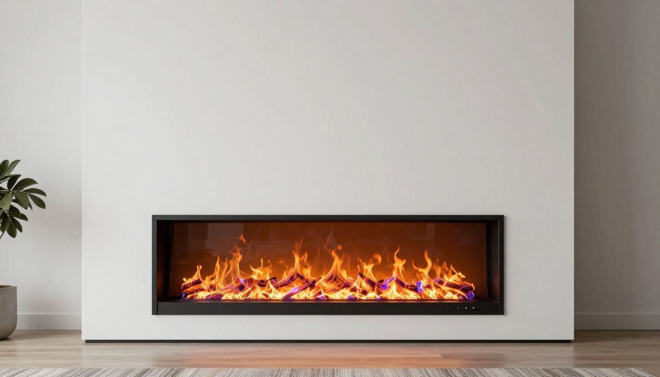 A minimalist living room with a sleek, wall-mounted electric fireplace insert displaying vibrant, colourful flames.
