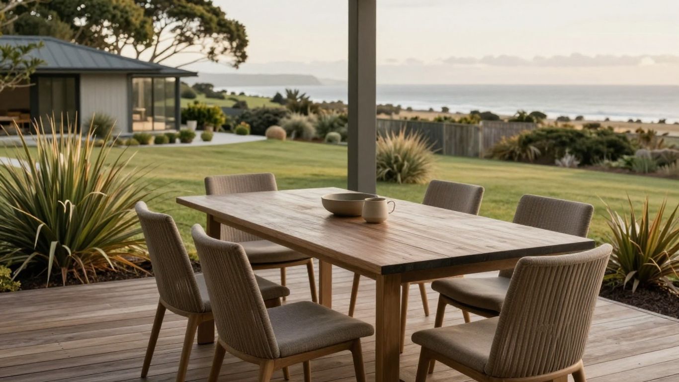 Outdoor dining table and chairs beside a New Zealand home