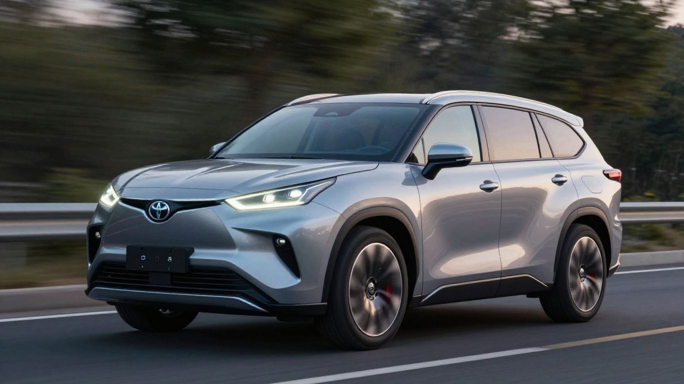 2027 Toyota Highlander EV driving on a road.