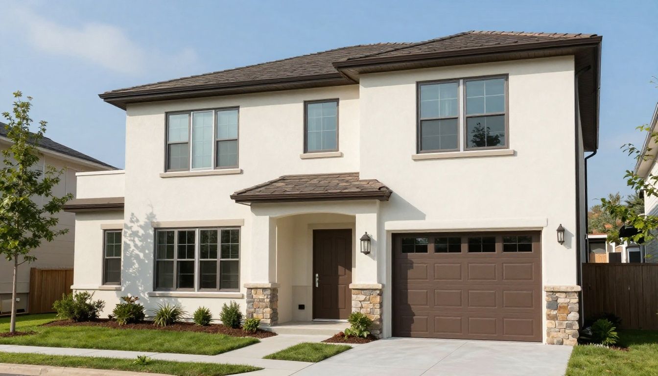 A clean and modern residential exterior featuring a professionally installed synthetic stucco finish