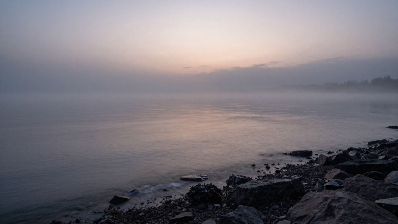 Misty water reflecting twilight sky