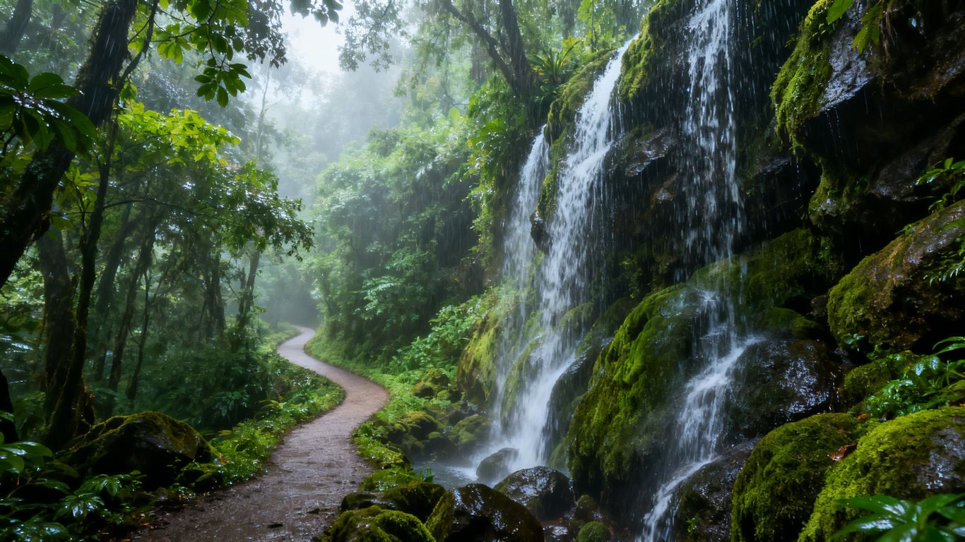 Lush green monsoon landscape with waterfalls and forest path.