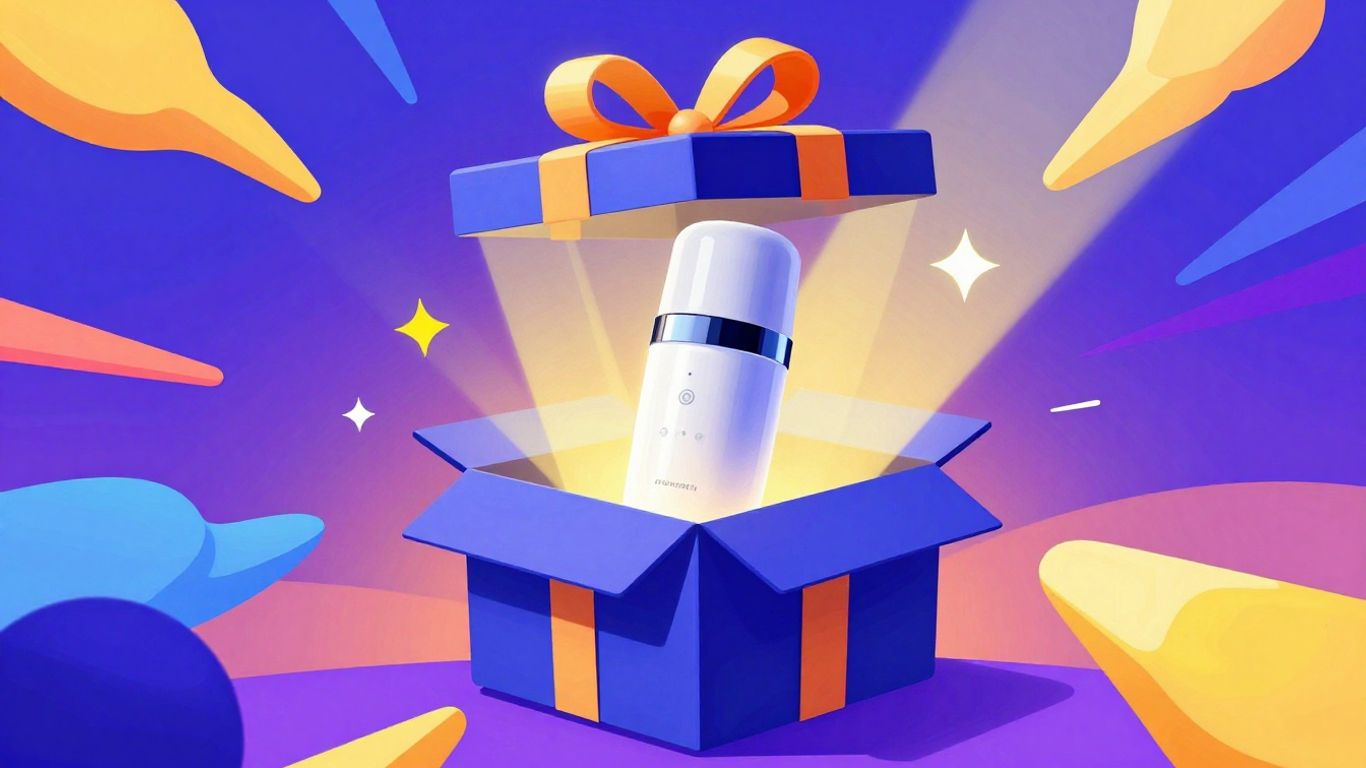 Product launch excitement with sleek product and vibrant abstract shapes.