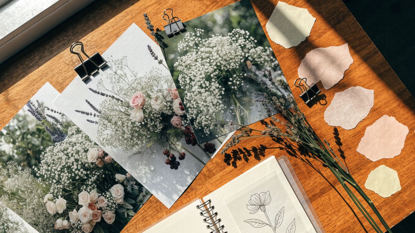 A simple floral mood board with garden blooms