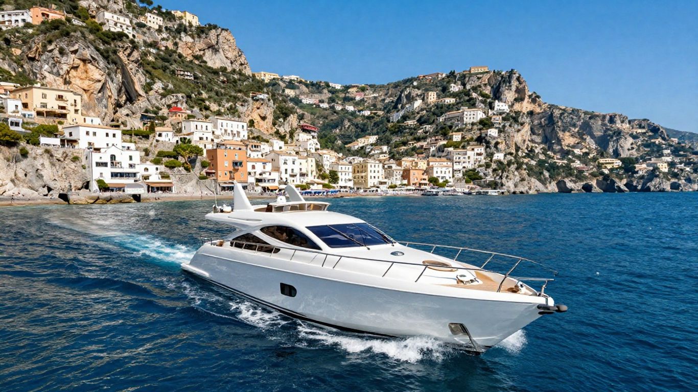 Luxury yacht sailing along the Italian coast.