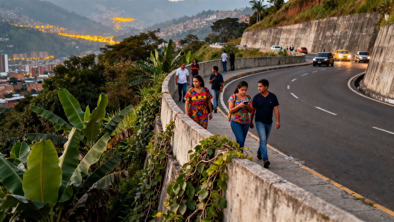 Pedestrians beside a winding Medellín hillside road