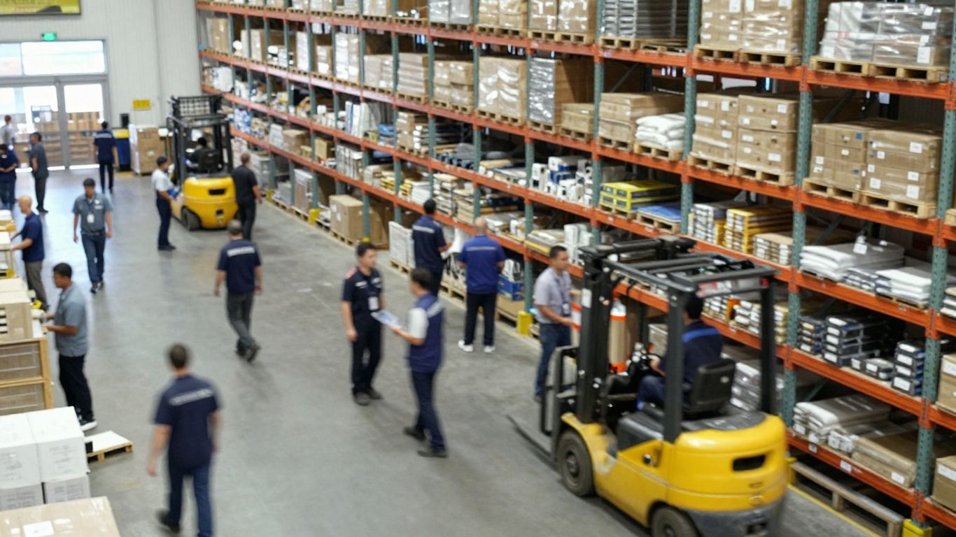 Blurred distribution center operations with teams working.