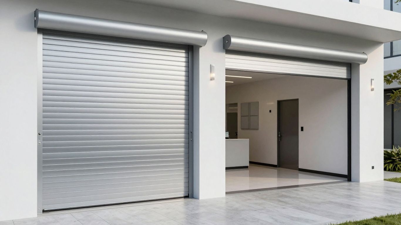 Aluminium roller shutter next to automatic sliding door.