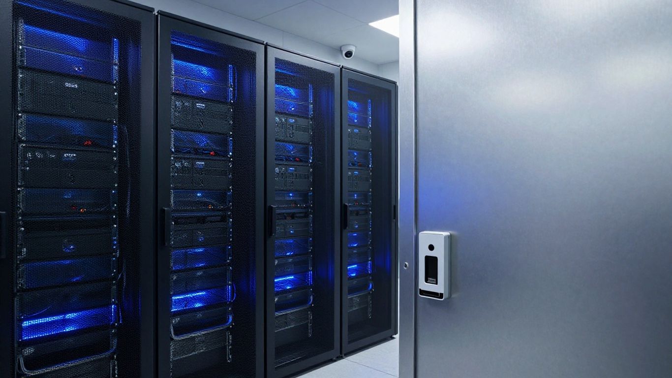 Sala de servidores con alta seguridad informática moderna.