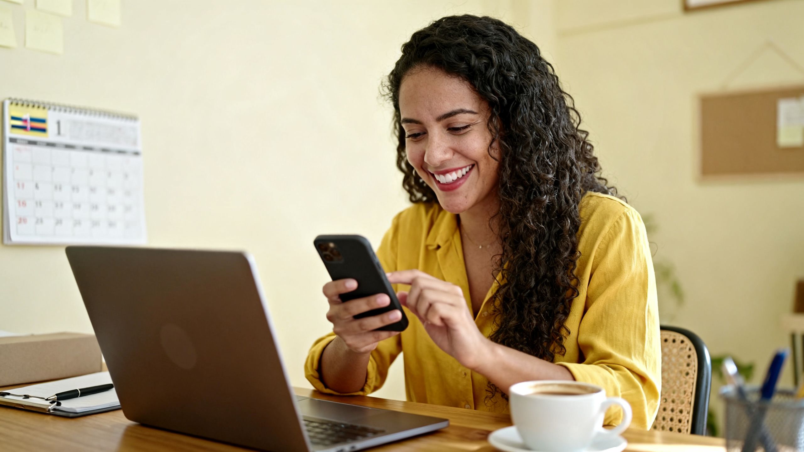 Emprendedora colombiana sonriendo mientras revisa mensajes de clientes en su teléfono