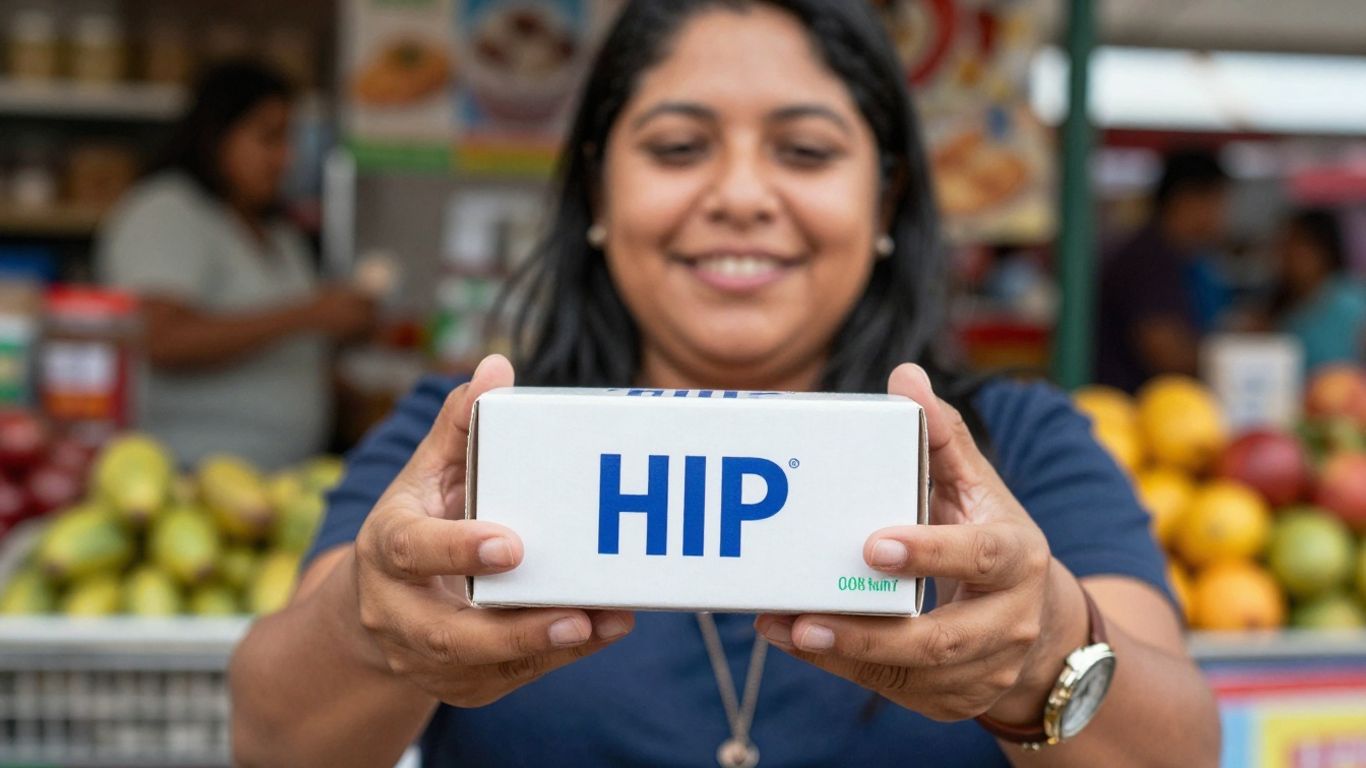 Persona sonriente con producto bHIP en mercado mexicano.