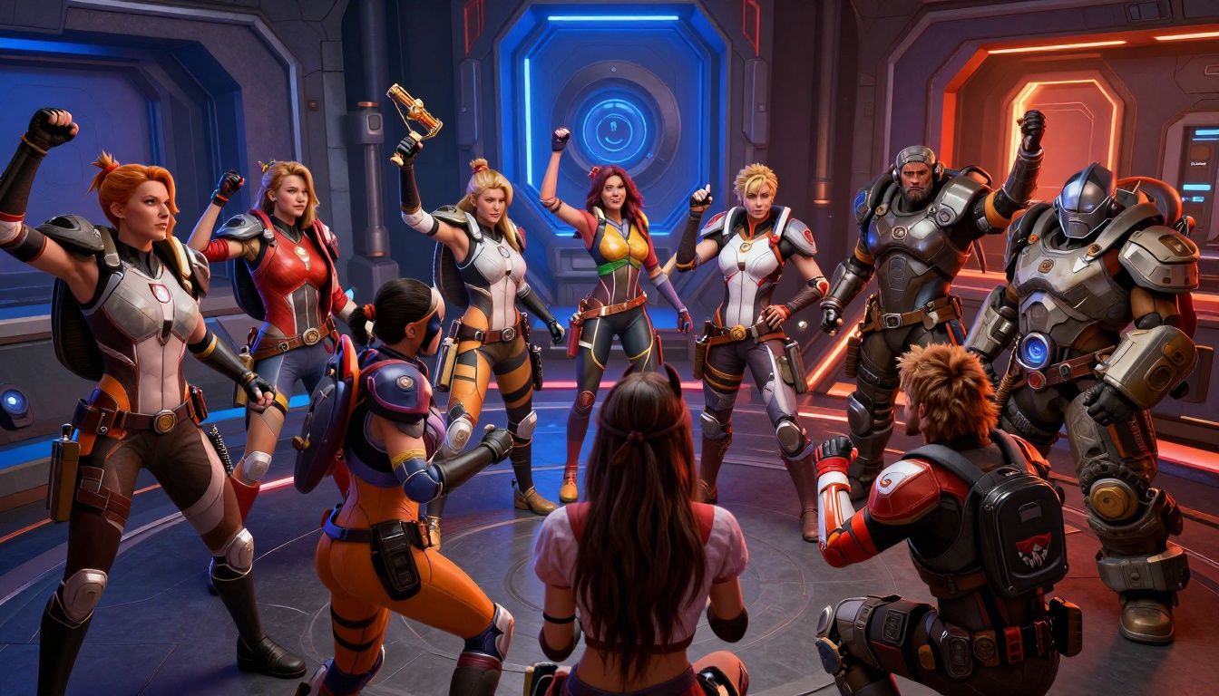 Equipe de heróis de Overwatch 2 coordenando uma investida em um objetivo futurista, com tanque protegendo aliados e personagens de dano atacando por diferentes ângulos