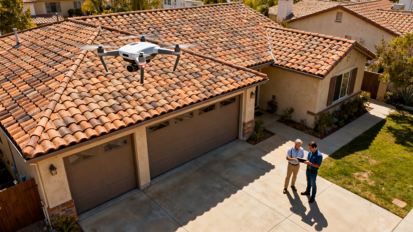 Photographer reviewing drone roof imagery beside California home