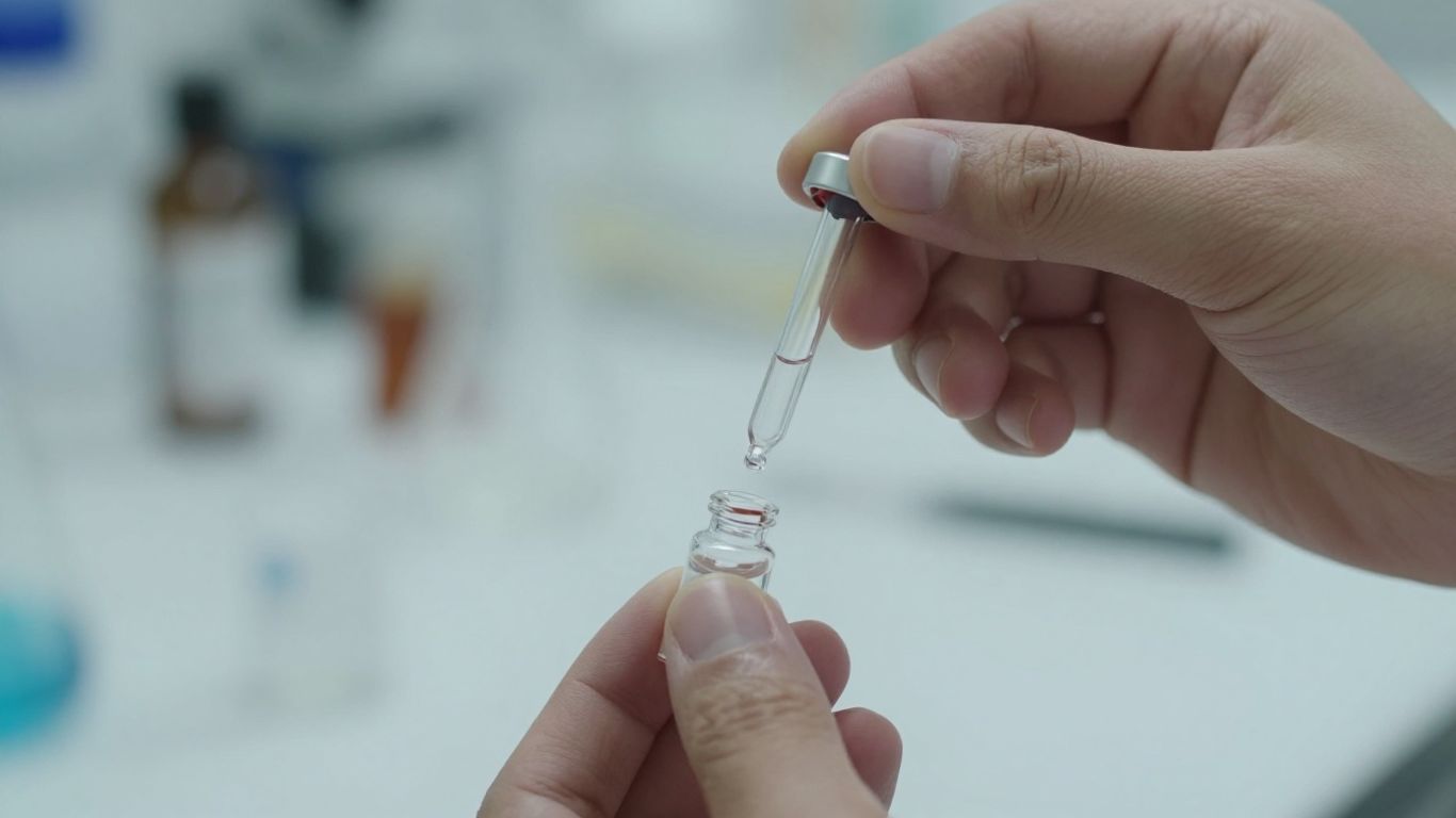 Hand holding medicine dropper above small SR9009 vial