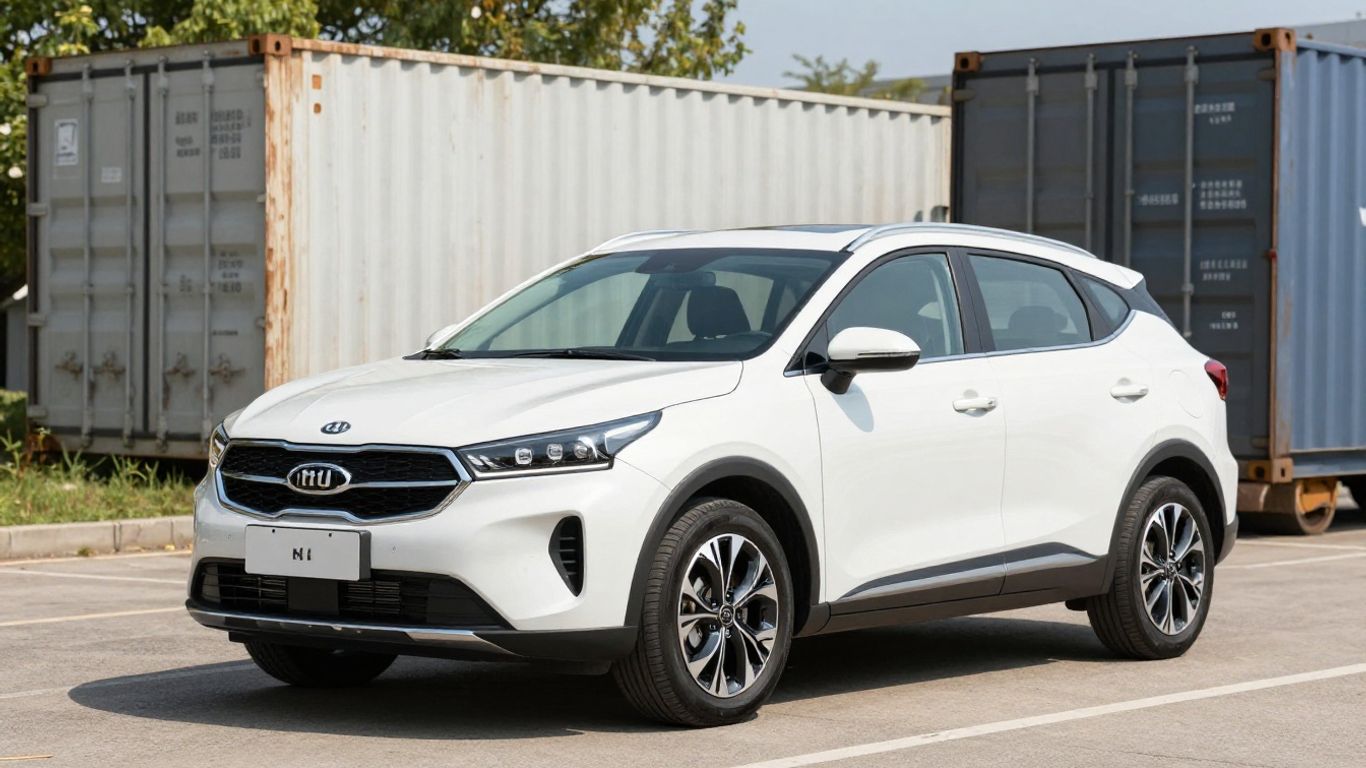 Kia car with shipping container in background