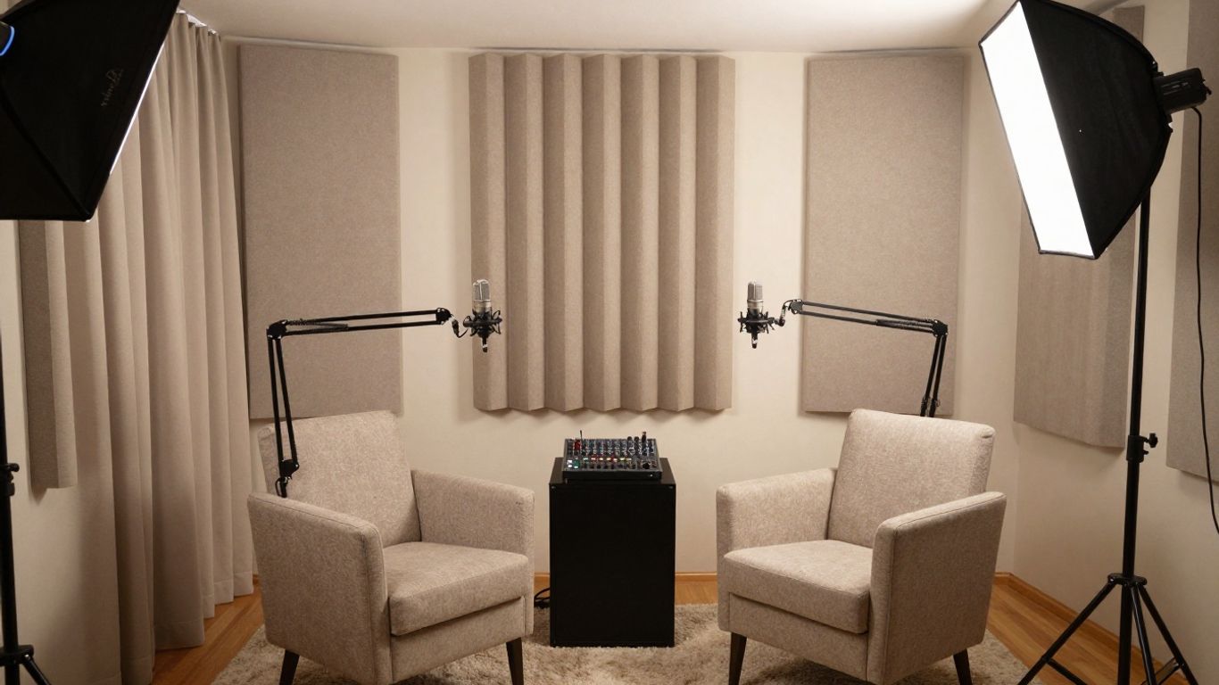 Podcast room with acoustic panels and soft furnishings