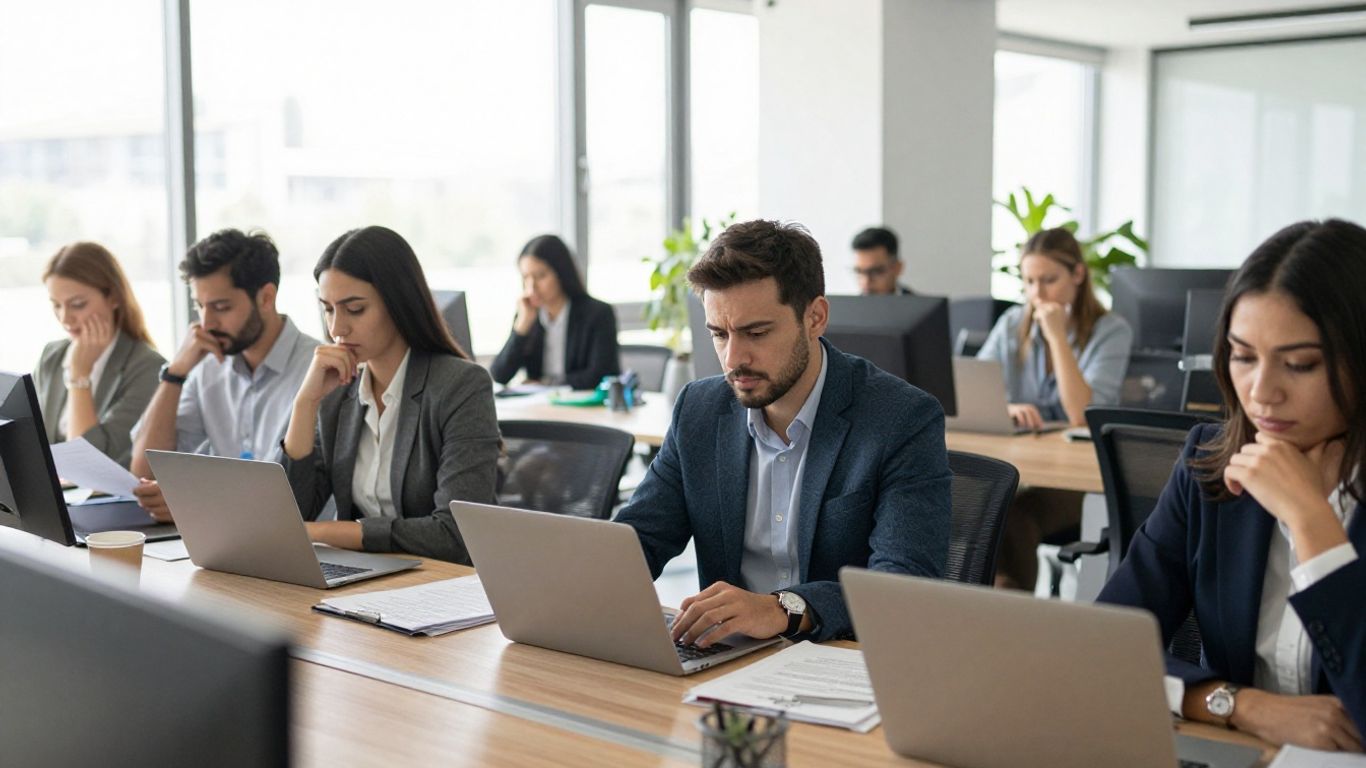 Profissionais em reunião discutindo documentos em escritório moderno.