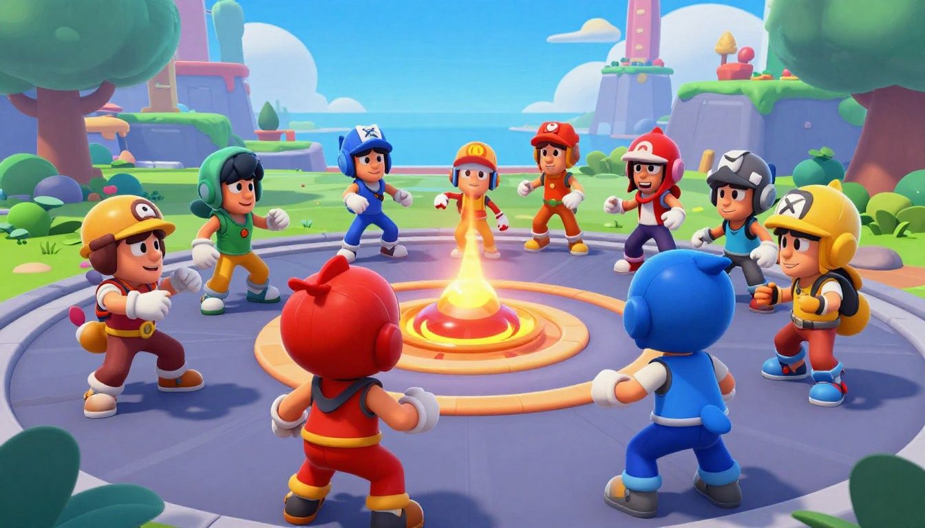 Ação frenética em Brawl Stars com brawlers coordenando ataques
