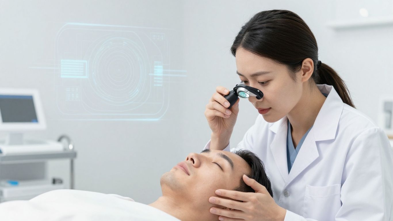 Dermatologist using AI for patient skin analysis
