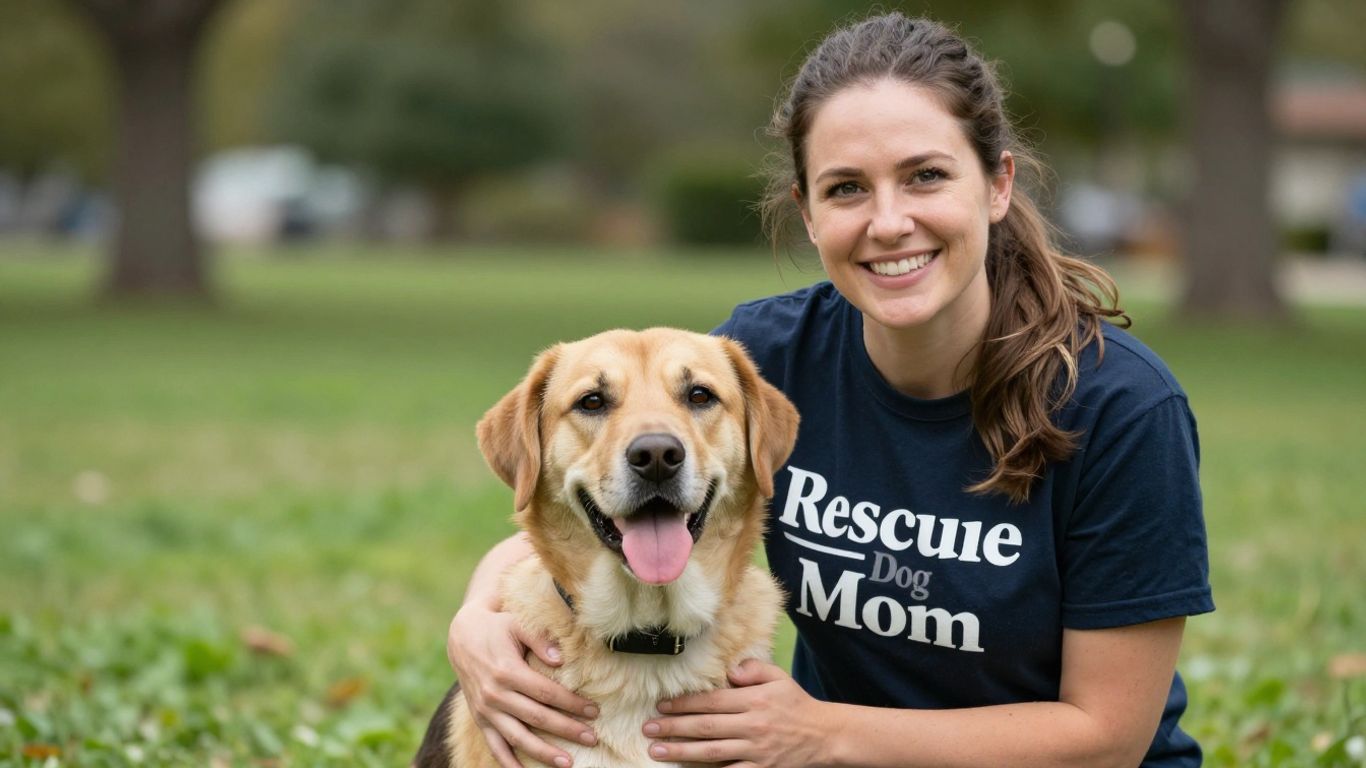 Woman and rescue dog wearing matching adoption day shirts.