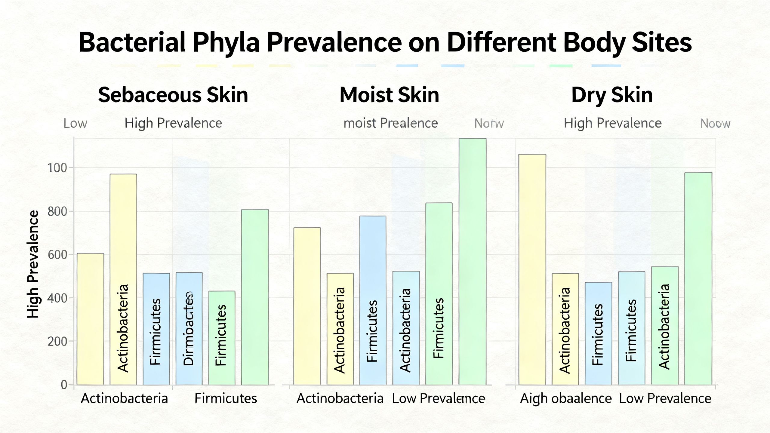 A scientific chart illustrating the different phyla of bacteria, such as Actinobacteria and Firmicutes, and their varying prevalence on different body sites like sebaceous, moist, and dry skin.