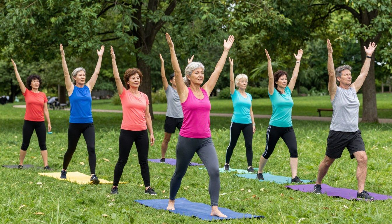A diverse group of adults in their 40s and 50s enjoying a healthy outdoor activity, like a hike or yoga in a park, looking vibrant and energetic, representing the concept of a long and healthy healthspan.
