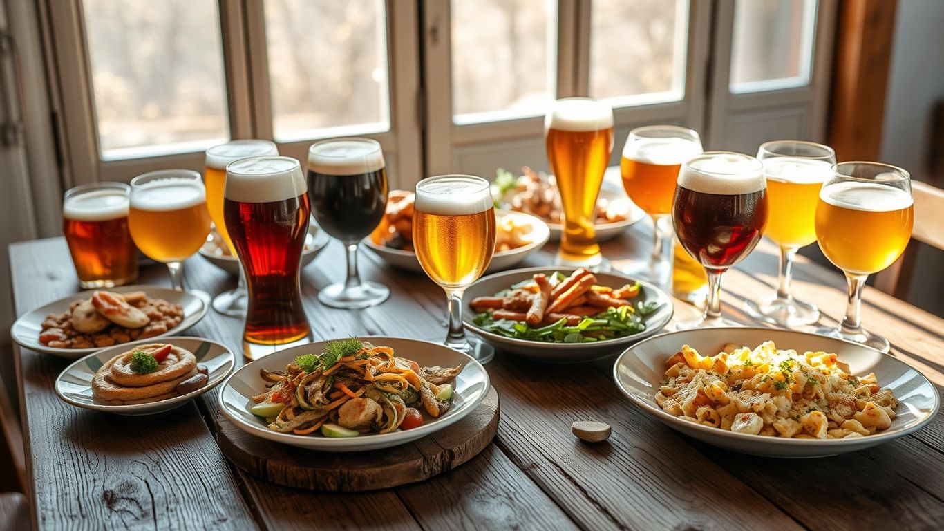French craft beer and food pairing on a table.