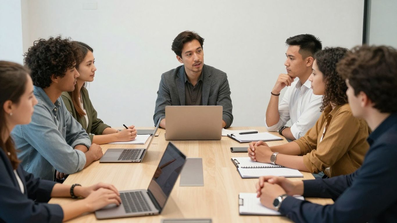 Colleagues discussing communication in a bright office