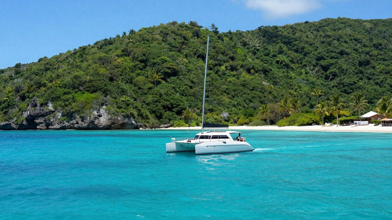 Catamaran sailing in clear Caribbean waters near islands.