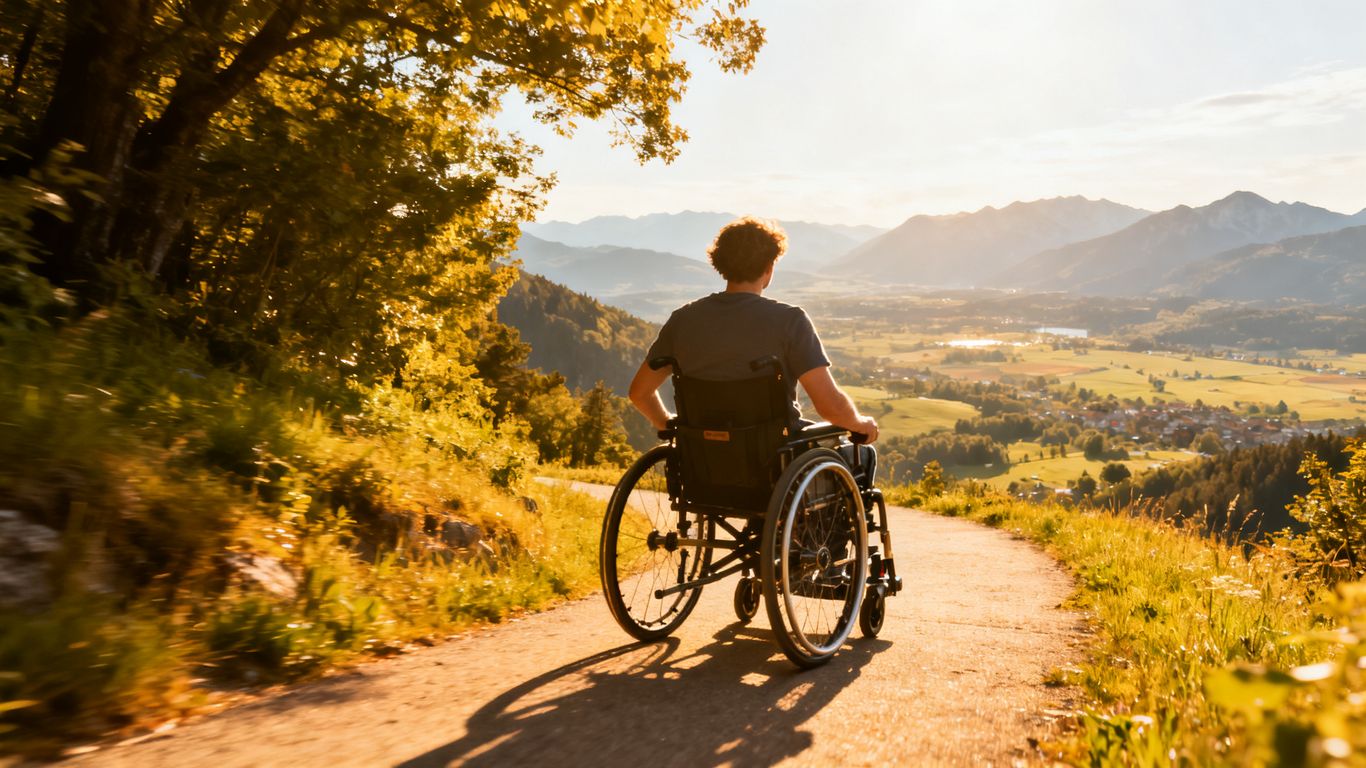 Wheelchair user enjoying a scenic accessible travel destination.