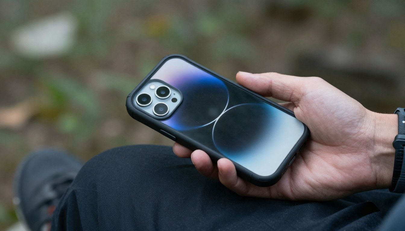 A person hiking in the Blue Mountains, carefully checking their iPhone 15 which is in a sturdy case.