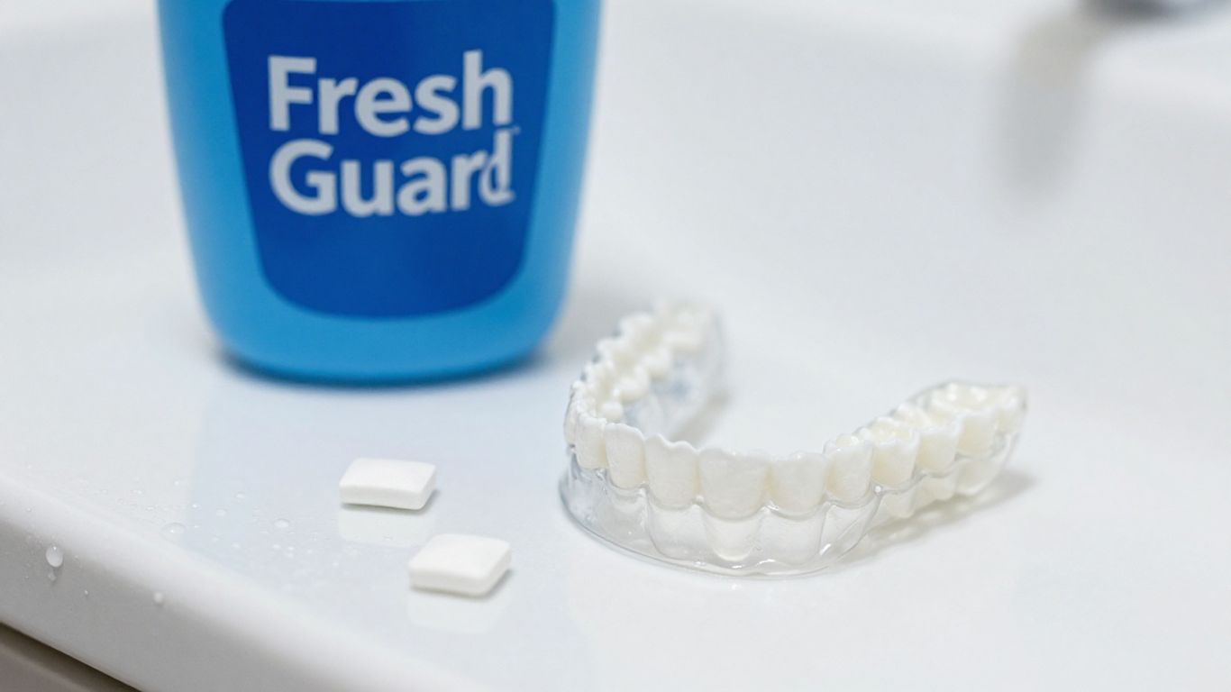 Fresh Guard tablets and retainer on bathroom counter