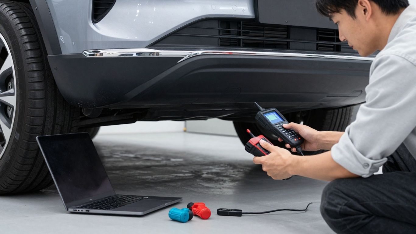 Technician diagnosing an SUV transmission in workshop