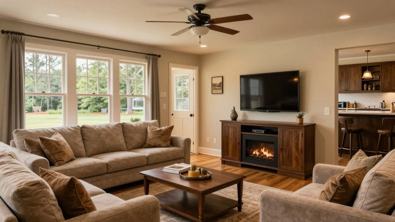 Finished basement living area with bar and entertainment center.