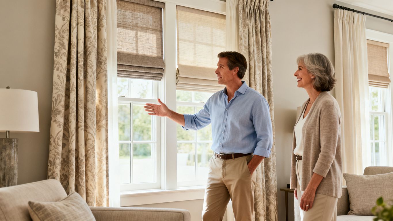 Modern window treatments in a bright living room