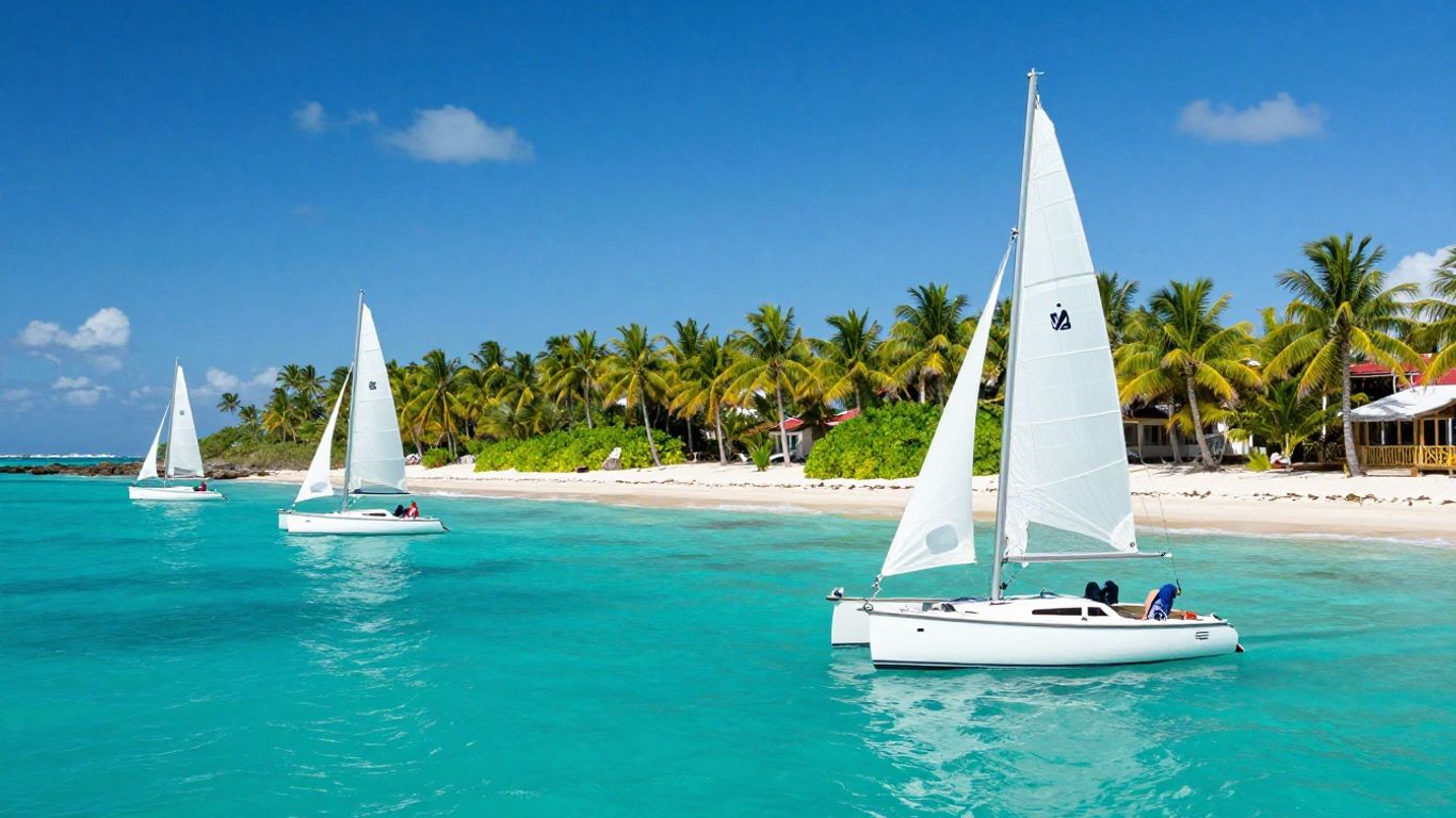 Treasure Cay, Bahamas with sailboats anchored in turquoise water.