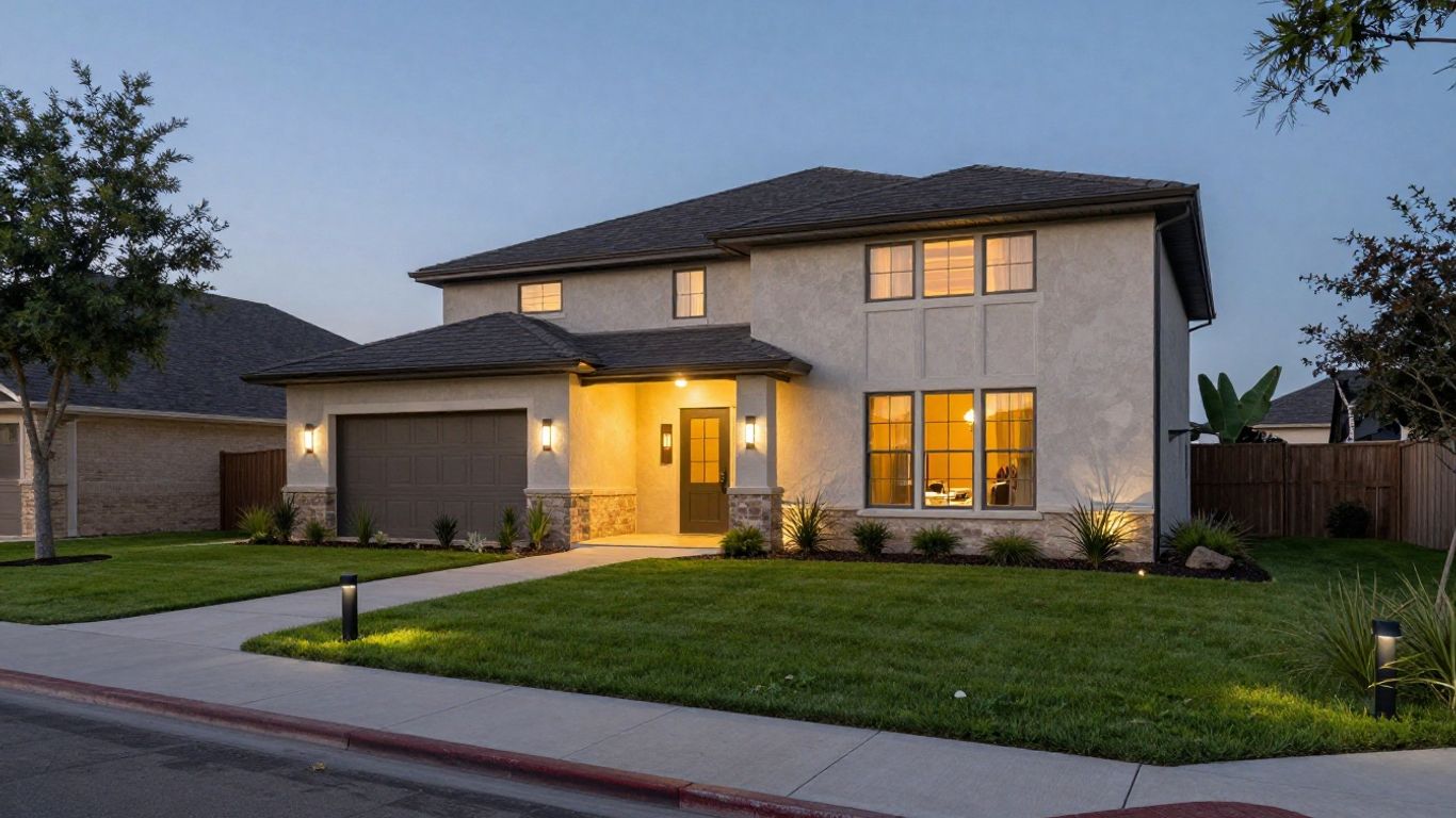 Modern home with permanent outdoor lighting at dusk