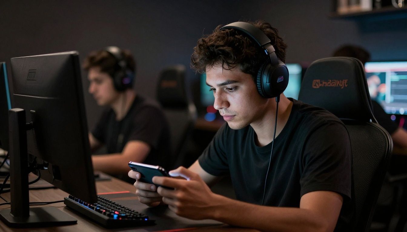 Um jogador focado em uma partida intensa de FPS em um smartphone, com luzes dinâmicas de combate ao fundo