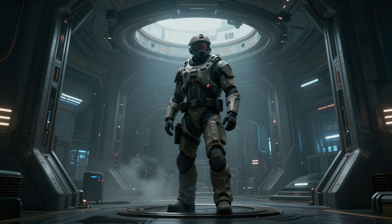 Master Chief يخرج من السبات العميق على متن Pillar of Autumn، محاطًا بعمارة خيال علمي مستقبلية مفصلة وإضاءة درامية
