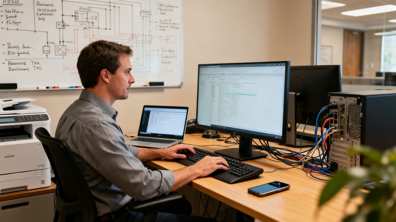 IT support technician working on a computer in Beaumont, TX.