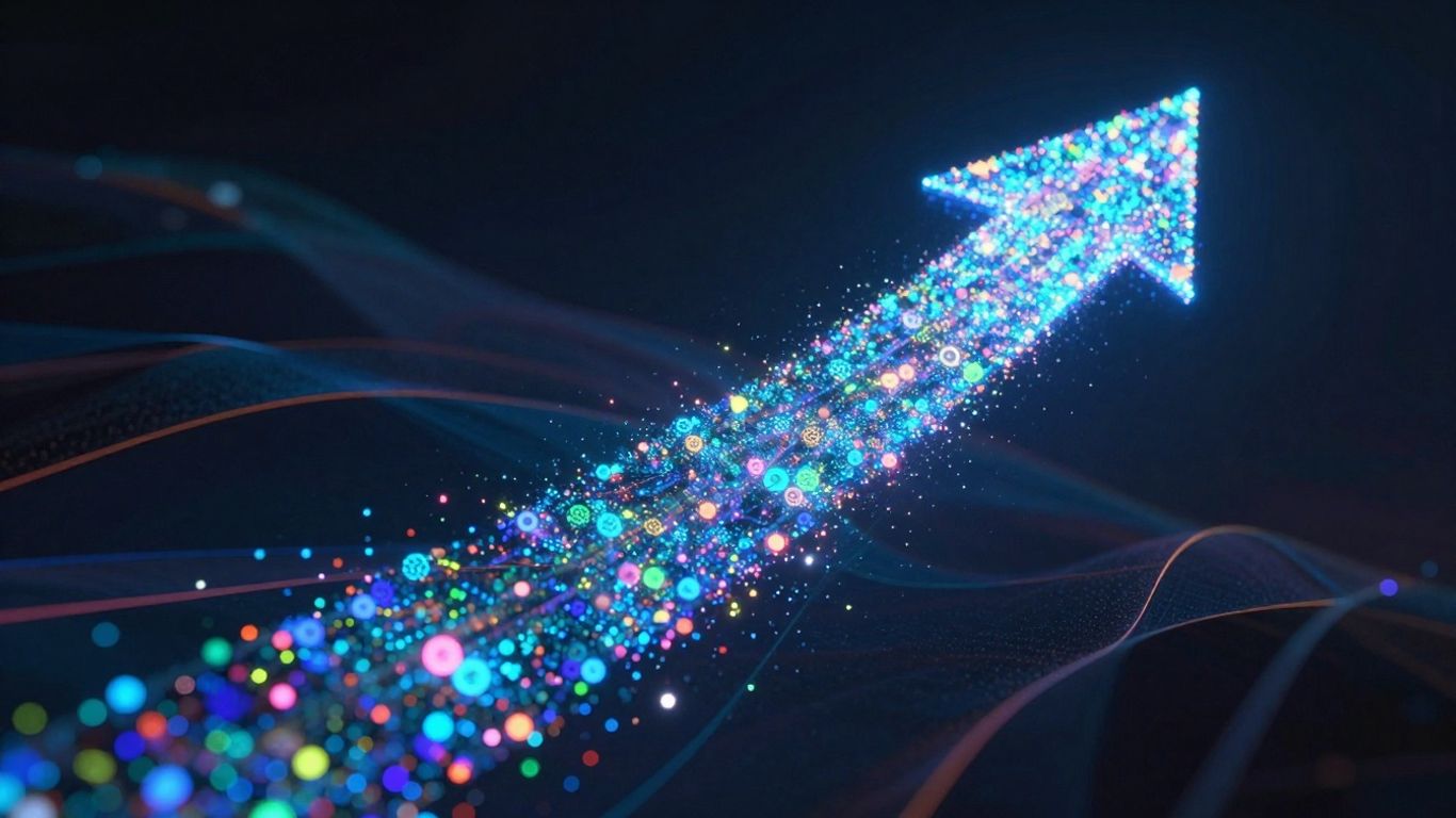 Upward arrow made of glowing particles, symbolizing growth.
