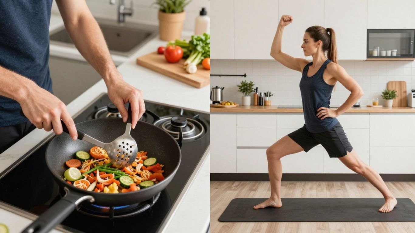 Person meal prepping and working out efficiently.