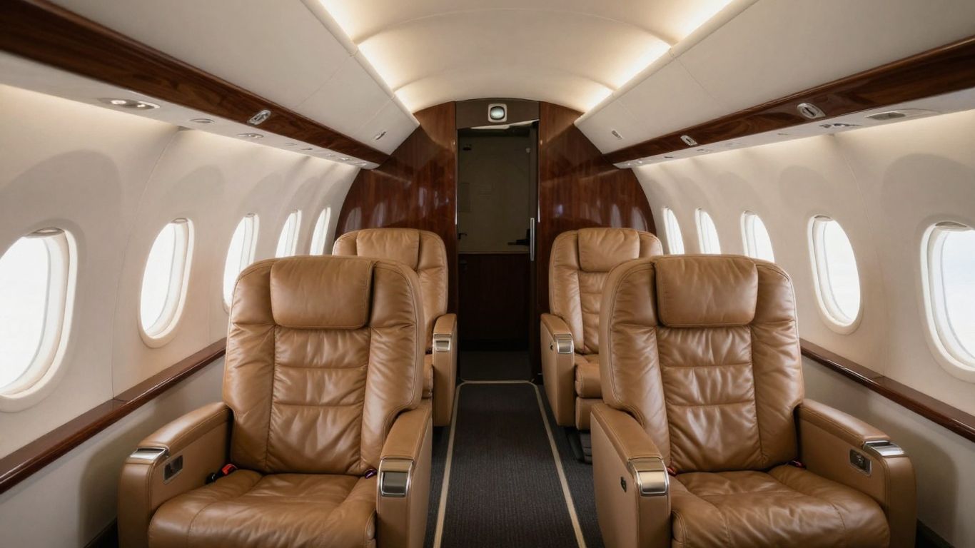 Luxurious semiprivate airplane cabin with plush leather seats.