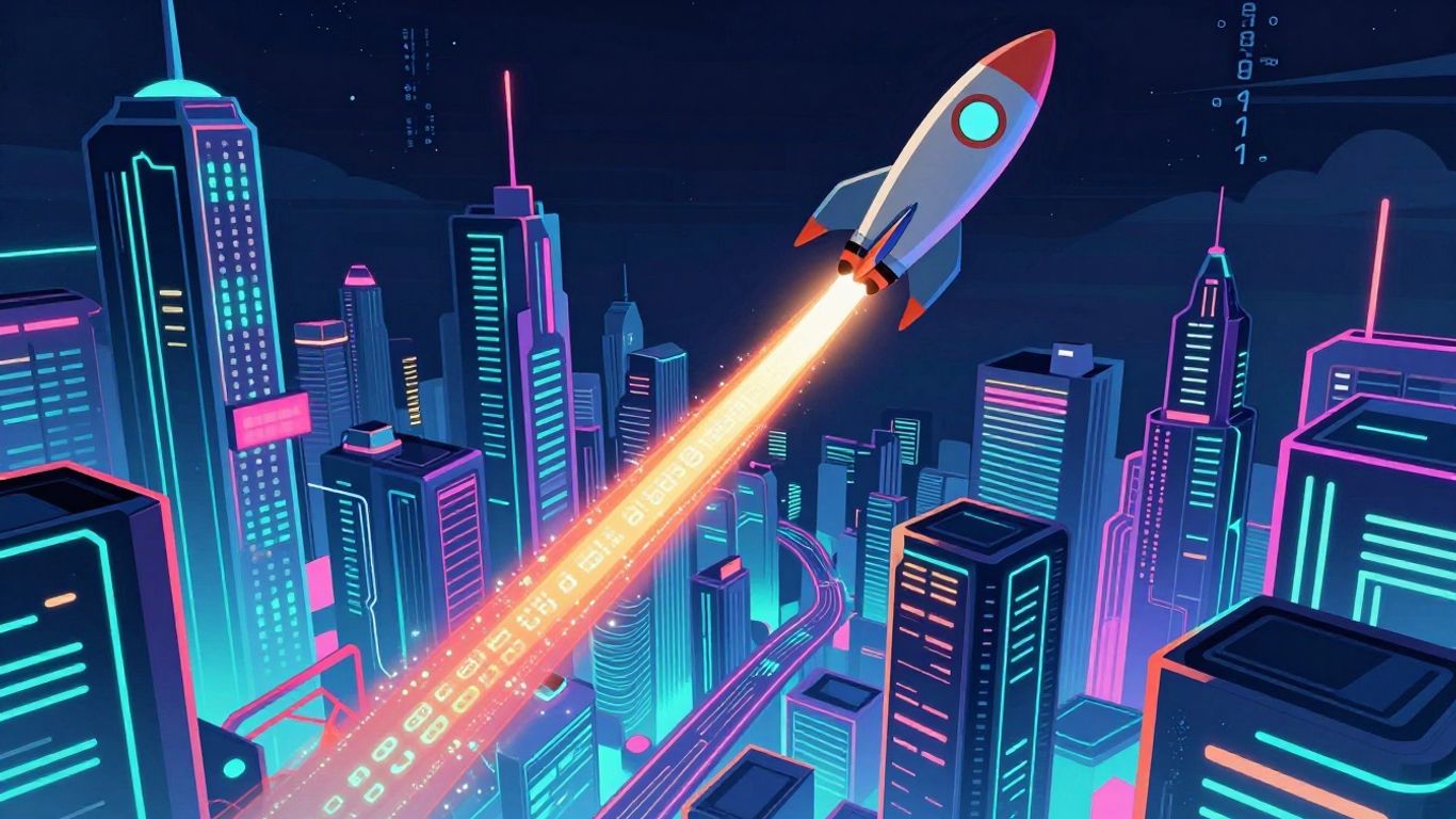Futuristic cityscape with rocket ascending, digital circuits.