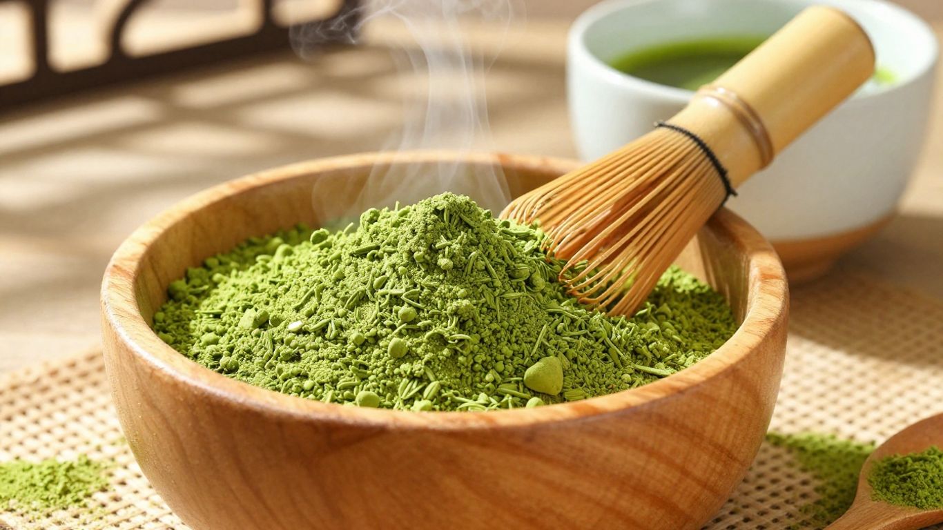 Green matcha powder, whisk, and steaming cup.