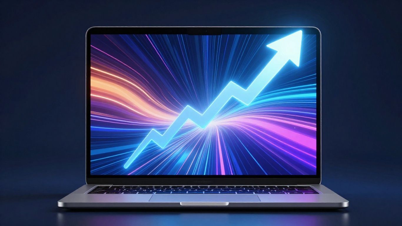 Laptop with abstract digital growth graphic.