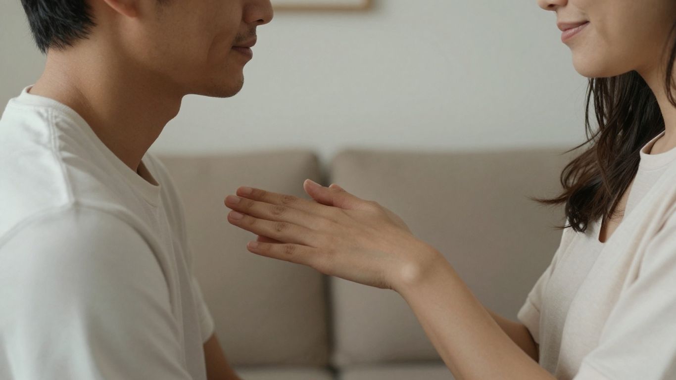 Couple sharing a tender, supportive embrace in a warm room.