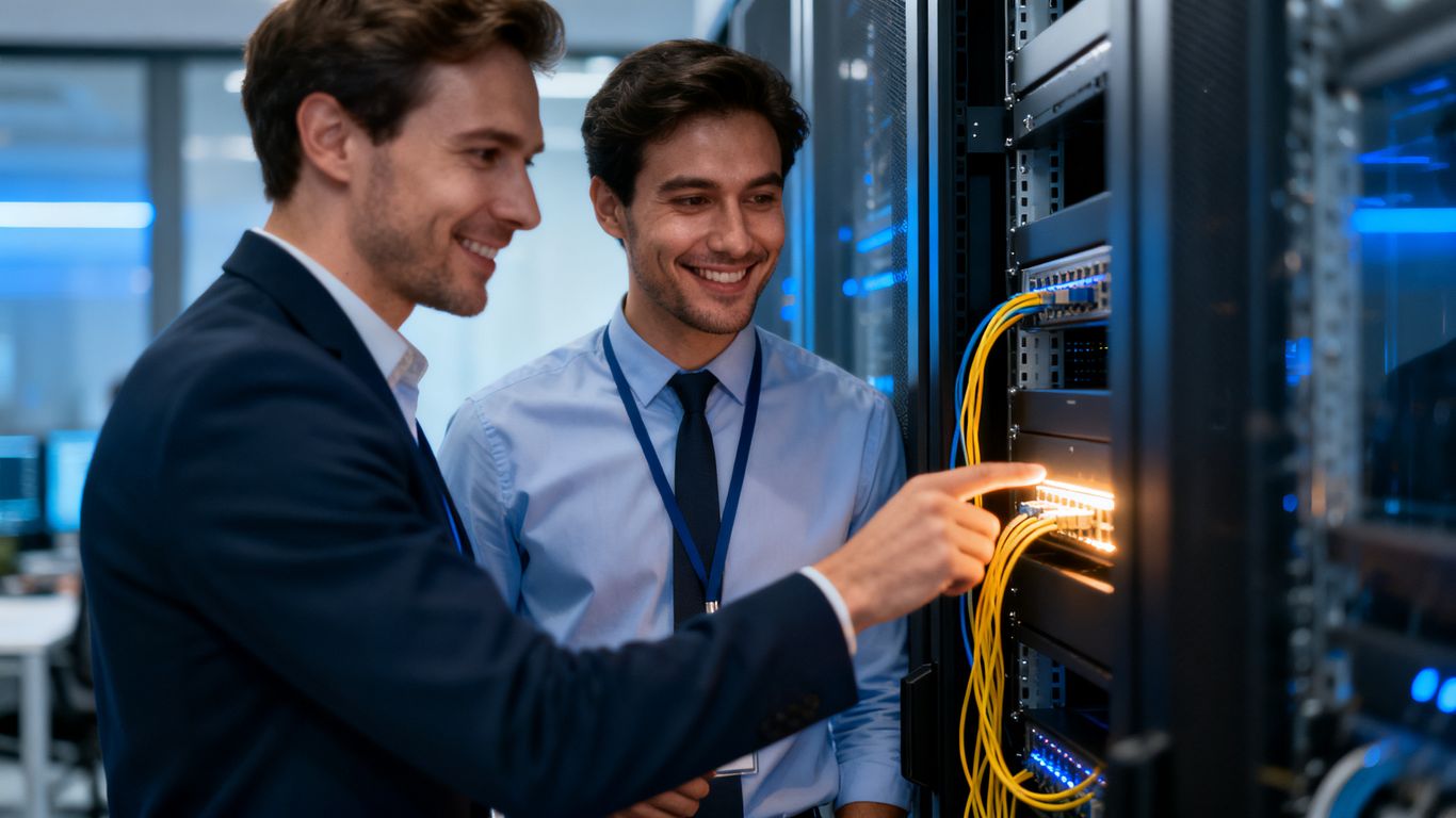 IT support team working with server hardware.