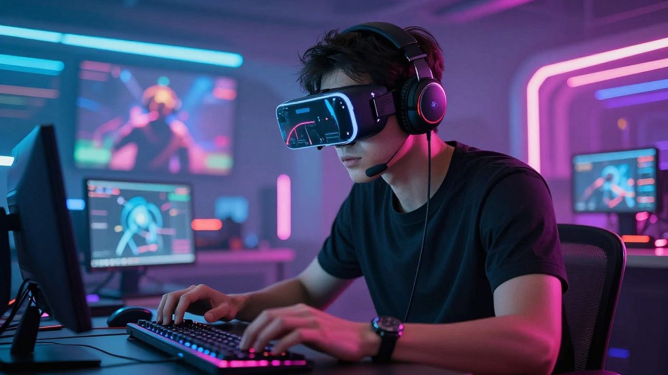 Gamer in futuristic virtual world with neon lights.