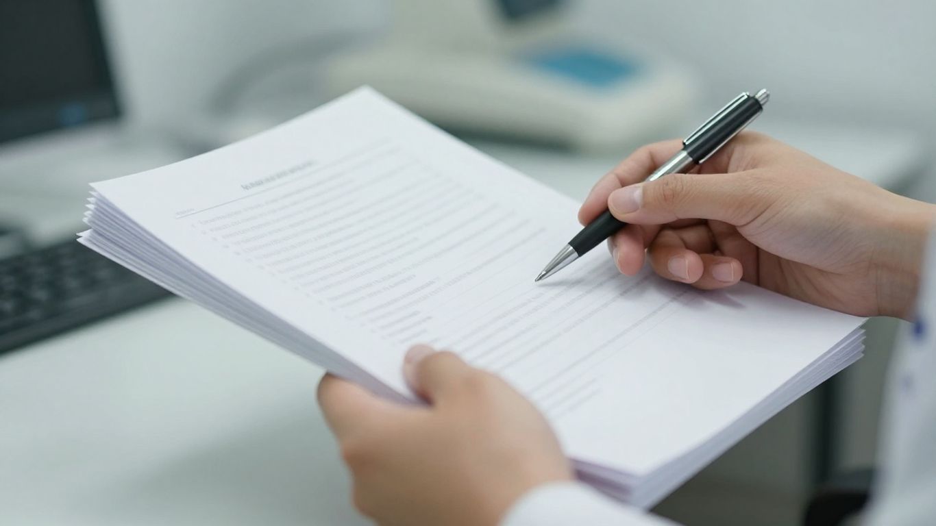 Hands holding medical documents and a pen.